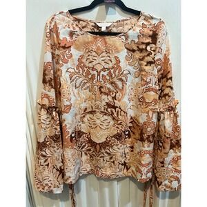 Lauren Conrad Womens Top L Brown Orange Floral Tie Sleeve Long Sleeve Blouse